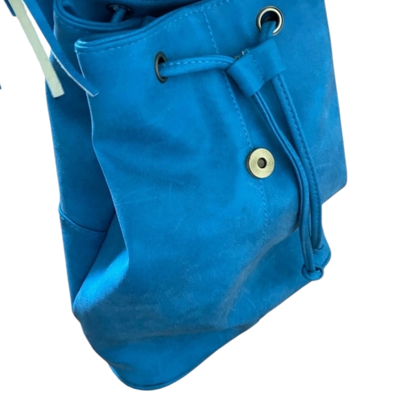 MSK Blue and Beige Fringe Drawstring Backpack - Picture 6 of 7